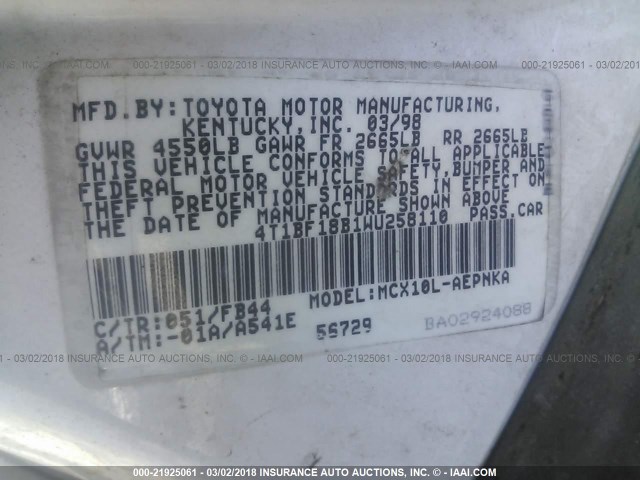 4T1BF18B1WU258110 - 1998 TOYOTA AVALON XL/XLS WHITE photo 9