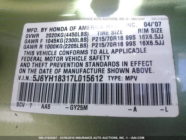 5J6YH18317L015612 - 2007 HONDA ELEMENT LX GREEN photo 9