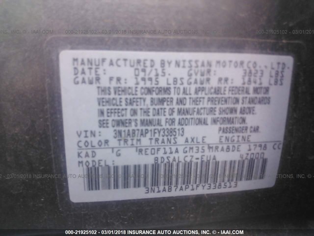 3N1AB7AP1FY338513 - 2015 NISSAN SENTRA S/SV/SR/SL GRAY photo 9