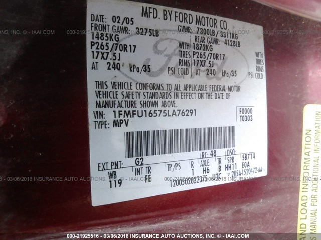 1FMFU16575LA76291 - 2005 FORD EXPEDITION XLT RED photo 9