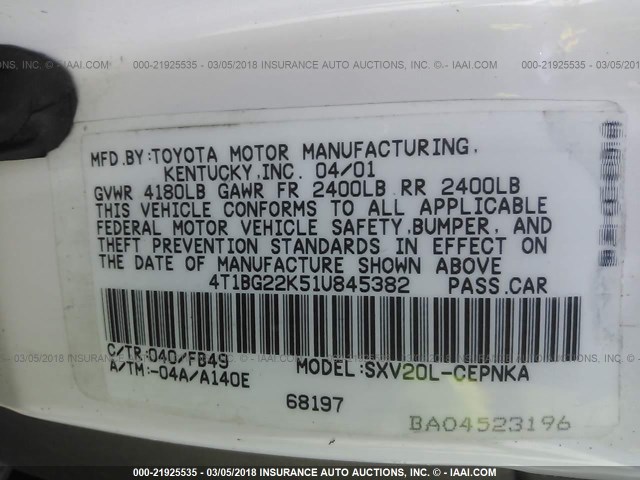 4T1BG22K51U845382 - 2001 TOYOTA CAMRY CE/LE/XLE 白色 照片 9