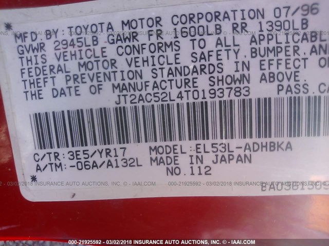 JT2AC52L4T0193783 - 1996 TOYOTA TERCEL STD/DX RED photo 9