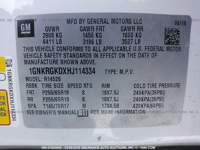 1GNKRGKDXHJ114334 - 2017 CHEVROLET TRAVERSE LT WHITE photo 9