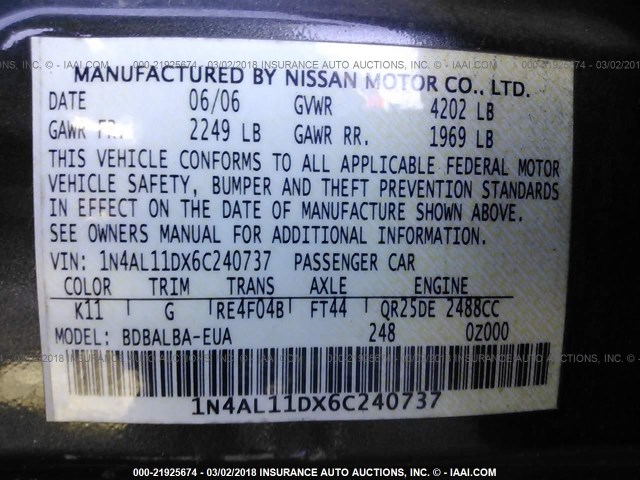 1N4AL11DX6C240737 - 2006 NISSAN ALTIMA S/SL BLACK photo 9