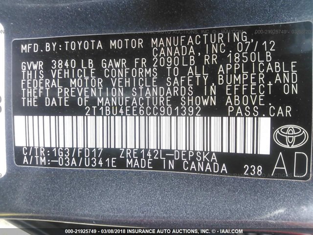 2T1BU4EE6CC901392 - 2012 TOYOTA COROLLA S/LE GRAY photo 9