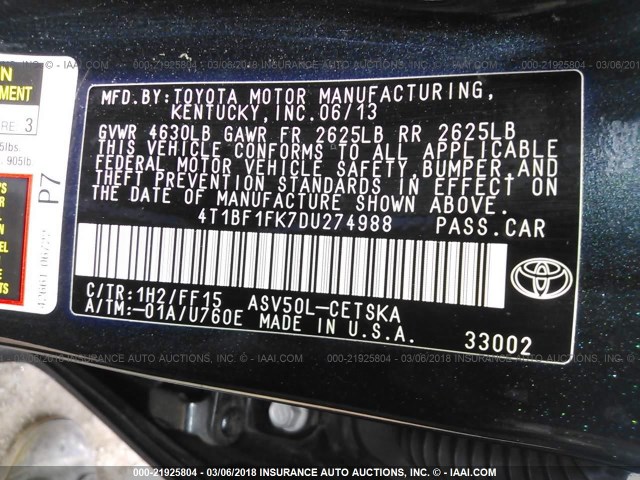 4T1BF1FK7DU274988 - 2013 TOYOTA CAMRY L/SE/LE/XLE 绿色 照片 9