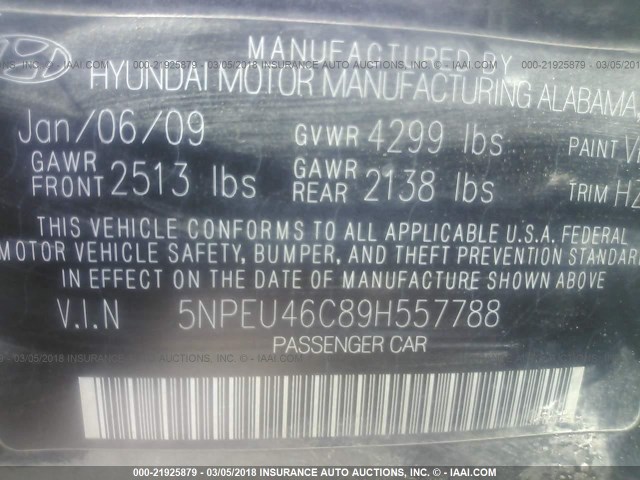 5NPEU46C89H557788 - 2009 HYUNDAI SONATA SE/LIMITED GRAY photo 9