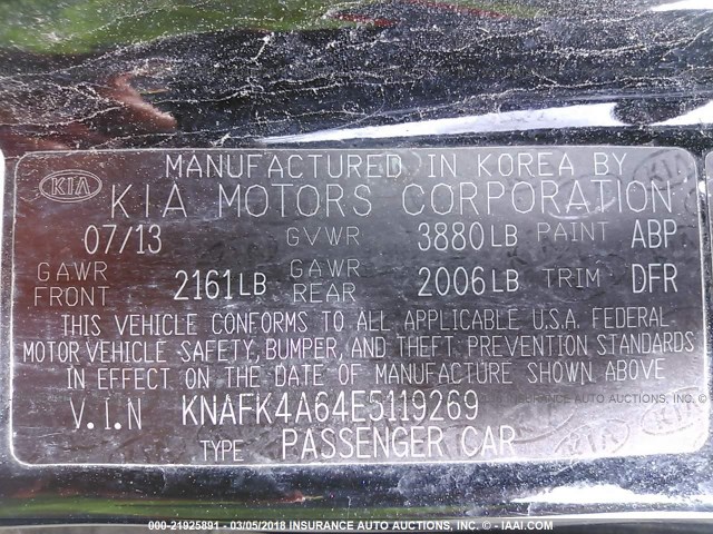 KNAFK4A64E5119269 - 2014 KIA FORTE LX BLACK photo 9