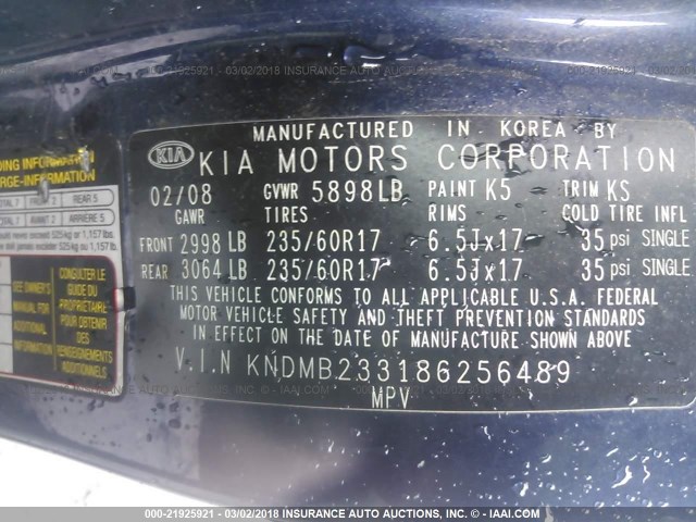 KNDMB233186256489 - 2008 KIA SEDONA EX/LX BLUE photo 9