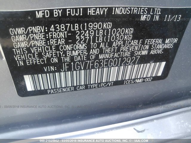 JF1GV7F63EG012927 - 2014 SUBARU IMPREZA WRX SILVER photo 9