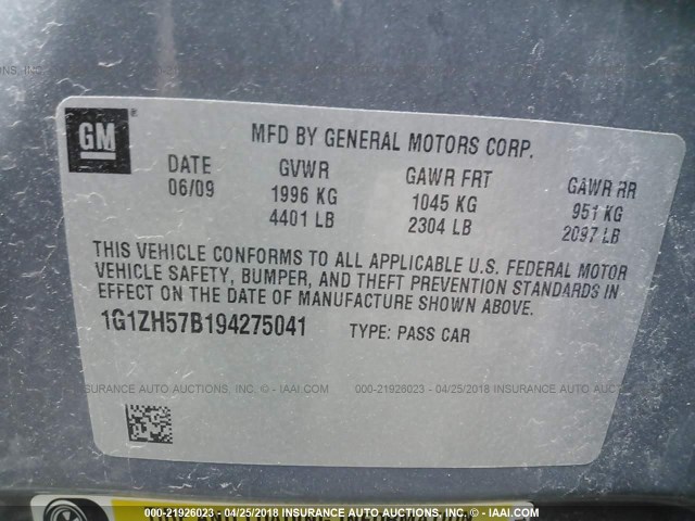 1G1ZH57B194275041 - 2009 CHEVROLET MALIBU 1LT 灰色 照片 9