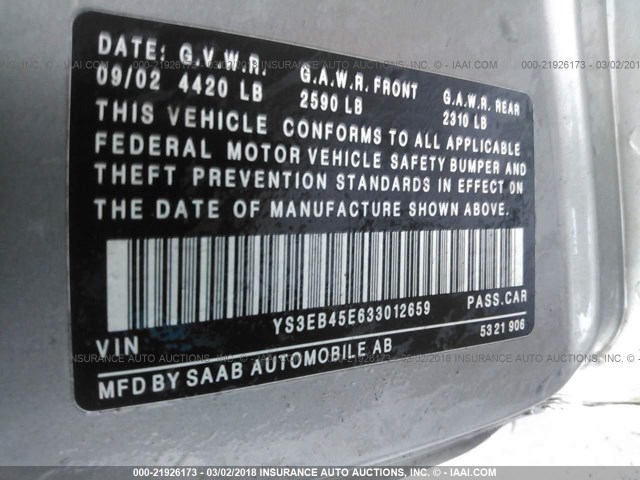 YS3EB45E633012659 - 2003 SAAB 9-5 LINEAR GRAY photo 9