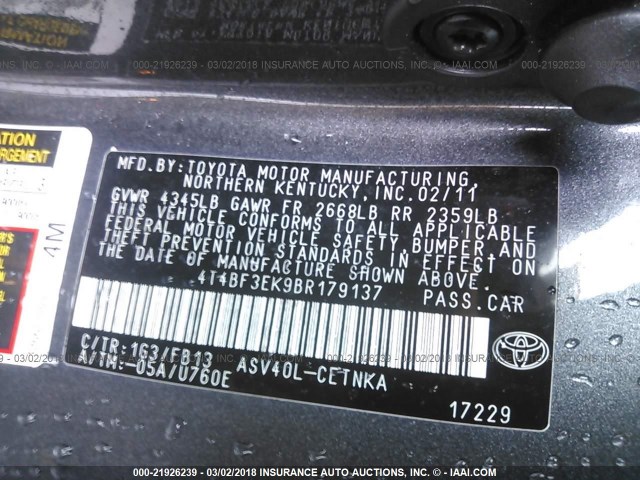 4T4BF3EK9BR179137 - 2011 TOYOTA CAMRY SE/LE/XLE 灰色 照片 9