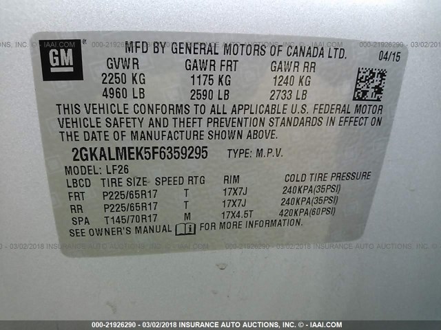 2GKALMEK5F6359295 - 2015 GMC TERRAIN SLE SILVER photo 9