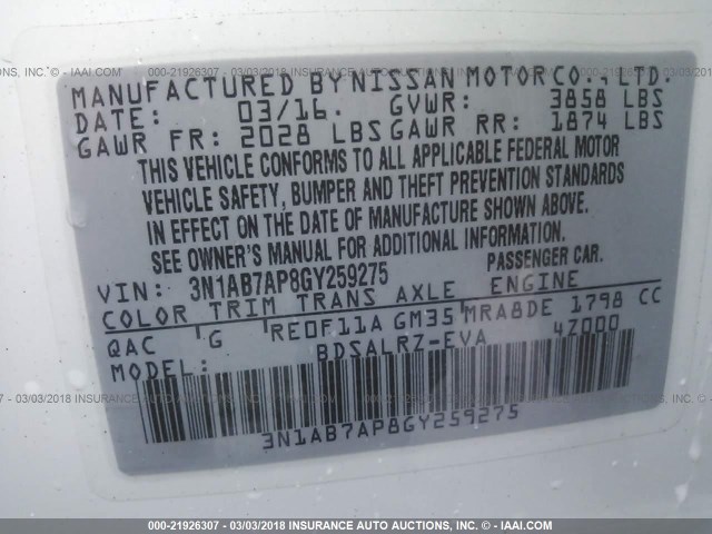 3N1AB7AP8GY259275 - 2016 NISSAN SENTRA S/SV/SR/SL WHITE photo 9
