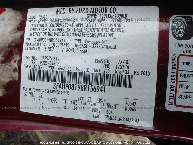 3FAHP08198R156941 - 2008 FORD FUSION SEL RED photo 9