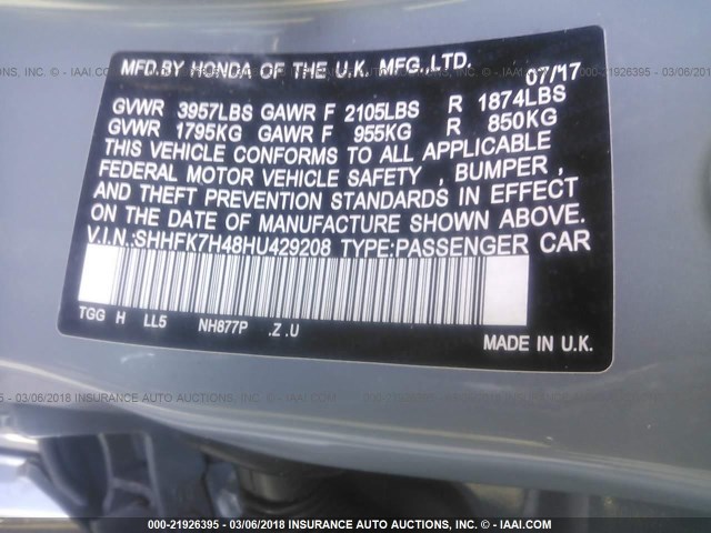 SHHFK7H48HU429208 - 2017 HONDA CIVIC SPORT 浅蓝色 照片 9