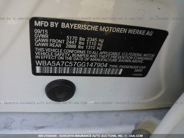 WBA5A7C57GG147904 - 2016 BMW 528 XI WHITE photo 9
