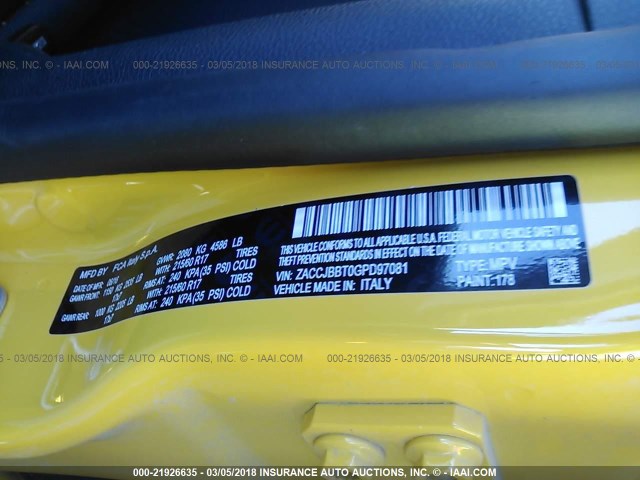 ZACCJBBT0GPD97081 - 2016 JEEP RENEGADE LATITUDE YELLOW photo 9