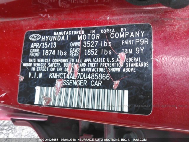 KMHCT4AE7DU485866 - 2013 HYUNDAI ACCENT GLS/GS RED photo 9