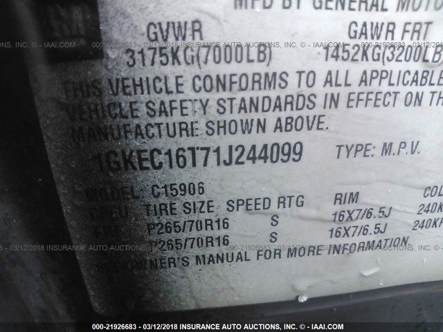 1GKEC16T71J244099 - 2001 GMC YUKON XL C1500 GRAY photo 9