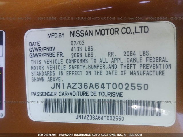 JN1AZ36A64T002550 - 2004 NISSAN 350Z ROADSTER ORANGE photo 9