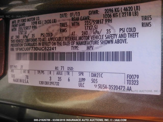 1FMCU0F73DUC62241 - 2013 FORD ESCAPE S GREEN photo 9