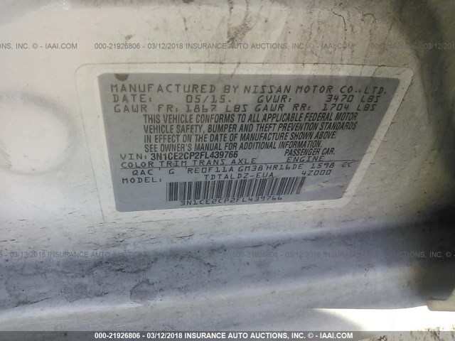 3N1CE2CP2FL439766 - 2015 NISSAN VERSA NOTE S/S PLUS/SV/SL/SR WHITE photo 9