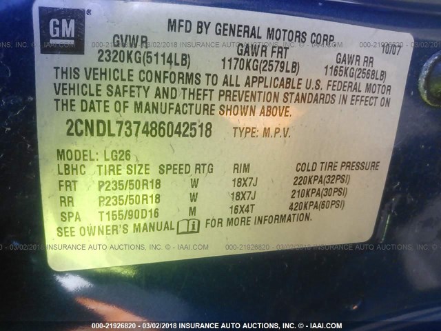 2CNDL737486042518 - 2008 CHEVROLET EQUINOX SPORT BLUE photo 9