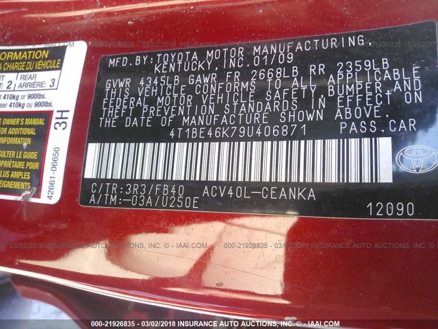 4T1BE46K79U406871 - 2009 TOYOTA CAMRY SE/LE/XLE RED photo 9