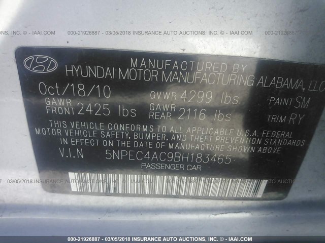 5NPEC4AC9BH183465 - 2011 HYUNDAI SONATA SE/LIMITED SILVER photo 9