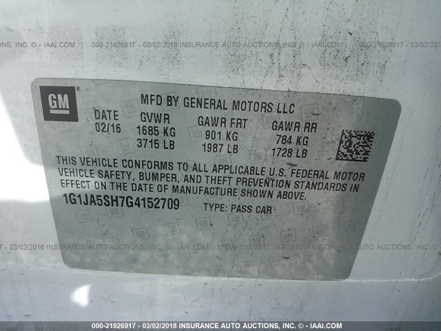 1G1JA5SH7G4152709 - 2016 CHEVROLET SONIC LS 白色 照片 9