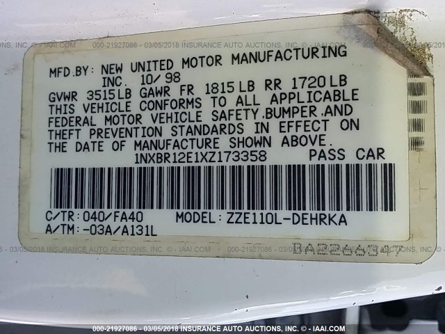 1NXBR12E1XZ173358 - 1999 TOYOTA COROLLA VE/CE/LE 白色 照片 9