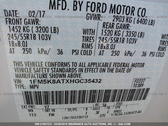 1FM5K8ATXHGC35432 - 2017 FORD EXPLORER POLICE INTERCEPTOR WHITE photo 9