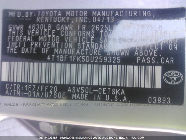 4T1BF1FK5DU259325 - 2013 TOYOTA CAMRY L/SE/LE/XLE SILVER photo 9