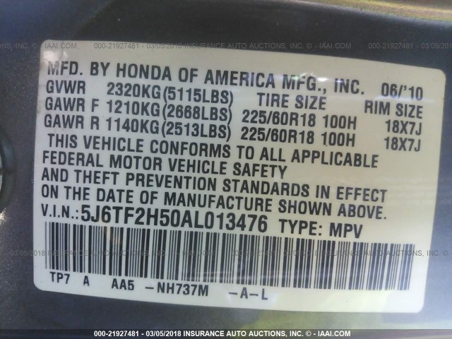 5J6TF2H50AL013476 - 2010 HONDA ACCORD CROSSTOUR EXL GRAY photo 9