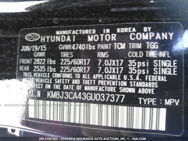 KM8J3CA43GU037377 - 2016 HYUNDAI TUCSON LIMITED/SPORT AND ECO/SE BLACK photo 9