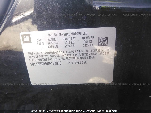 1G11B5SA9DF170970 - 2013 CHEVROLET MALIBU LS შავი ფოტო 9