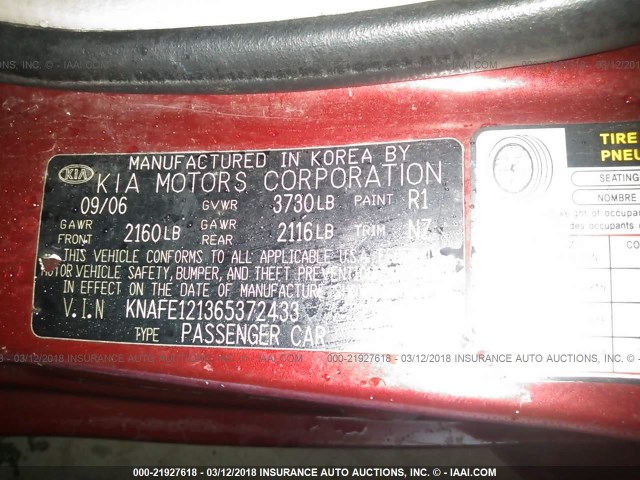 KNAFE121365372433 - 2006 KIA NEW SPECTRA LX/EX RED photo 9