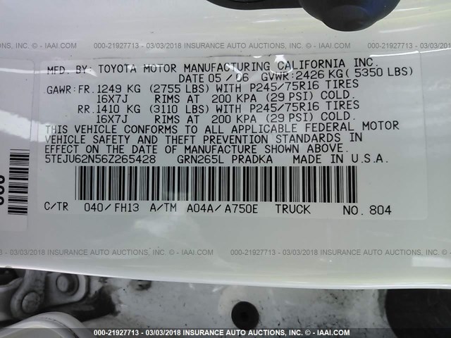 5TEJU62N56Z265428 - 2006 TOYOTA TACOMA DOUBLE CAB PRERUNNER WHITE photo 9