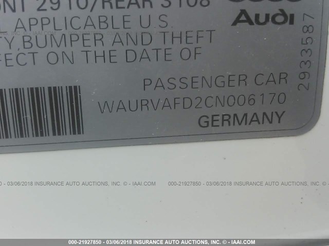 WAURVAFD2CN006170 - 2012 AUDI A8 L QUATTRO WHITE photo 9