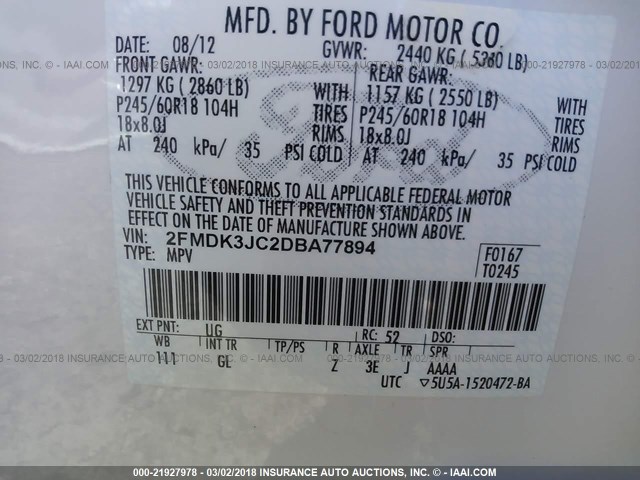 2FMDK3JC2DBA77894 - 2013 FORD EDGE SEL WHITE photo 9