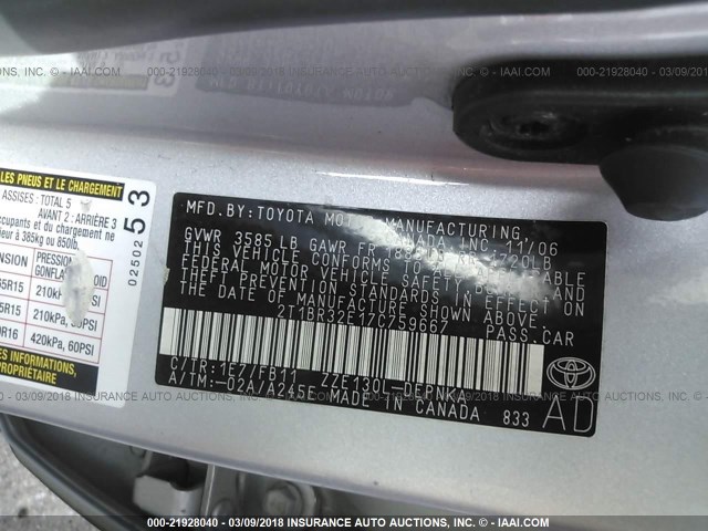 2T1BR32E17C759667 - 2007 TOYOTA COROLLA CE/LE/S GRAY photo 9