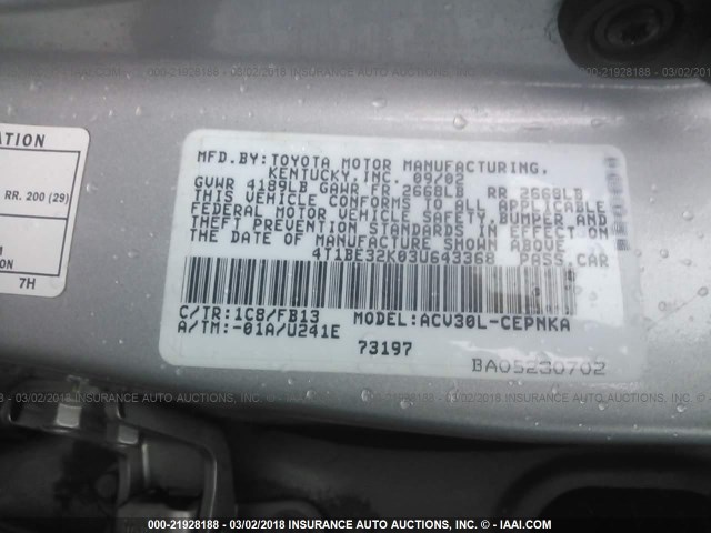4T1BE32K03U643368 - 2003 TOYOTA CAMRY LE/XLE/SE SILVER photo 9