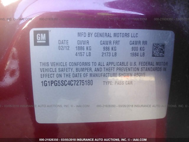 1G1PG5SC4C7275180 - 2012 CHEVROLET CRUZE LT RED photo 9