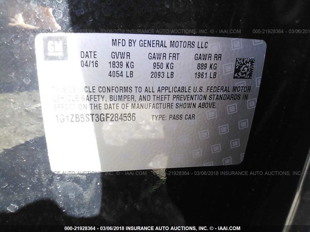 1G1ZB5ST3GF284536 - 2016 CHEVROLET MALIBU LS 黑色 照片 9