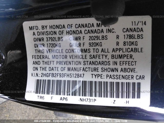 2HGFB2F93FH512847 - 2015 HONDA CIVIC EXL BLACK photo 9