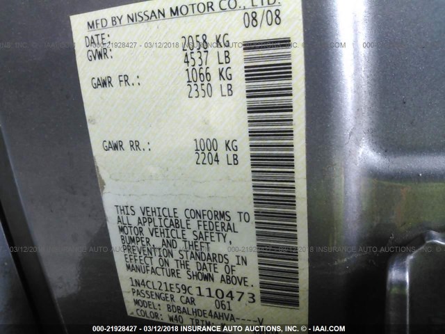 1N4CL21E59C110473 - 2009 NISSAN ALTIMA HYBRID GRAY photo 9