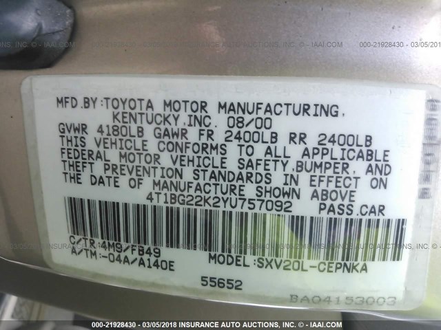 4T1BG22K2YU757092 - 2000 TOYOTA CAMRY CE/LE/XLE TAN photo 9