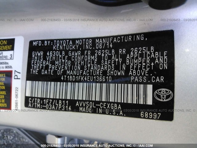 4T1BD1FK4EU136610 - 2014 TOYOTA CAMRY HYBRID/LE/XLE 银色 照片 9